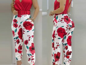 XY1012 2022 New Arrivals V-neck High Waist Backless Printed Jumpsuit Women Summer Jumpsuits With Belt